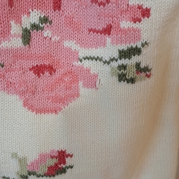 80s 90s RARE Floral Print Hand Knit Crewneck Cardigan Sweater Large  Cottagecore - Picture 2 of 16